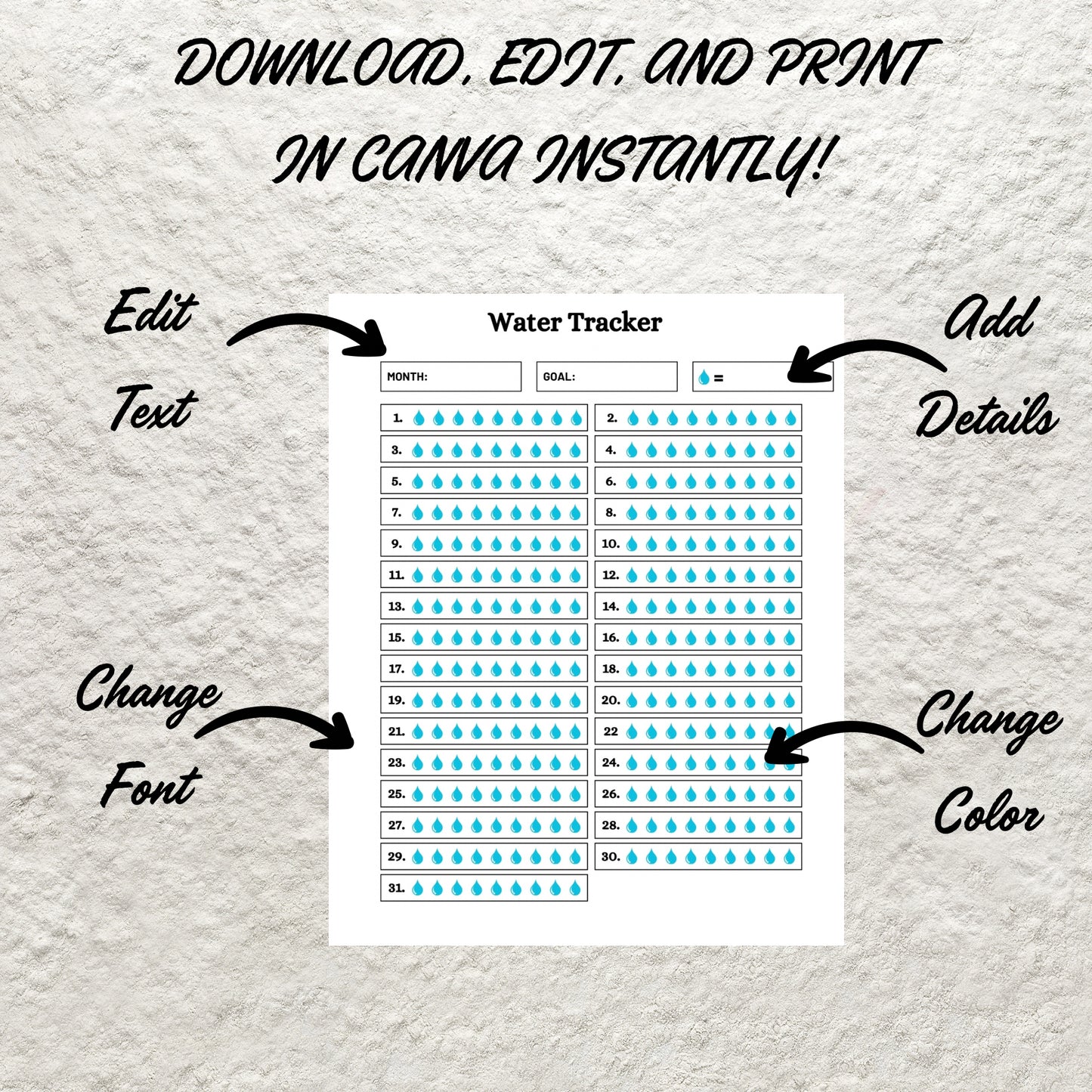 Printable Monthly Water Tracker Template Editable Hydration Water Intake Tracker 31 Day Water Challenge Drink Water Reminder Water Journal