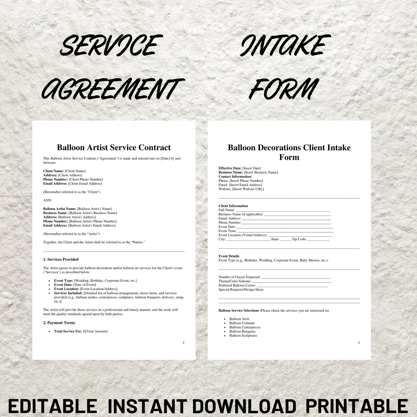 Balloon Business Forms Bundle Editable Balloon Artist Contract Printable Balloon Decor Service Agreement Balloon Artist Service Contract