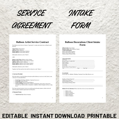 Balloon Business Forms Bundle Editable Balloon Artist Contract Printable Balloon Decor Service Agreement Balloon Artist Service Contract