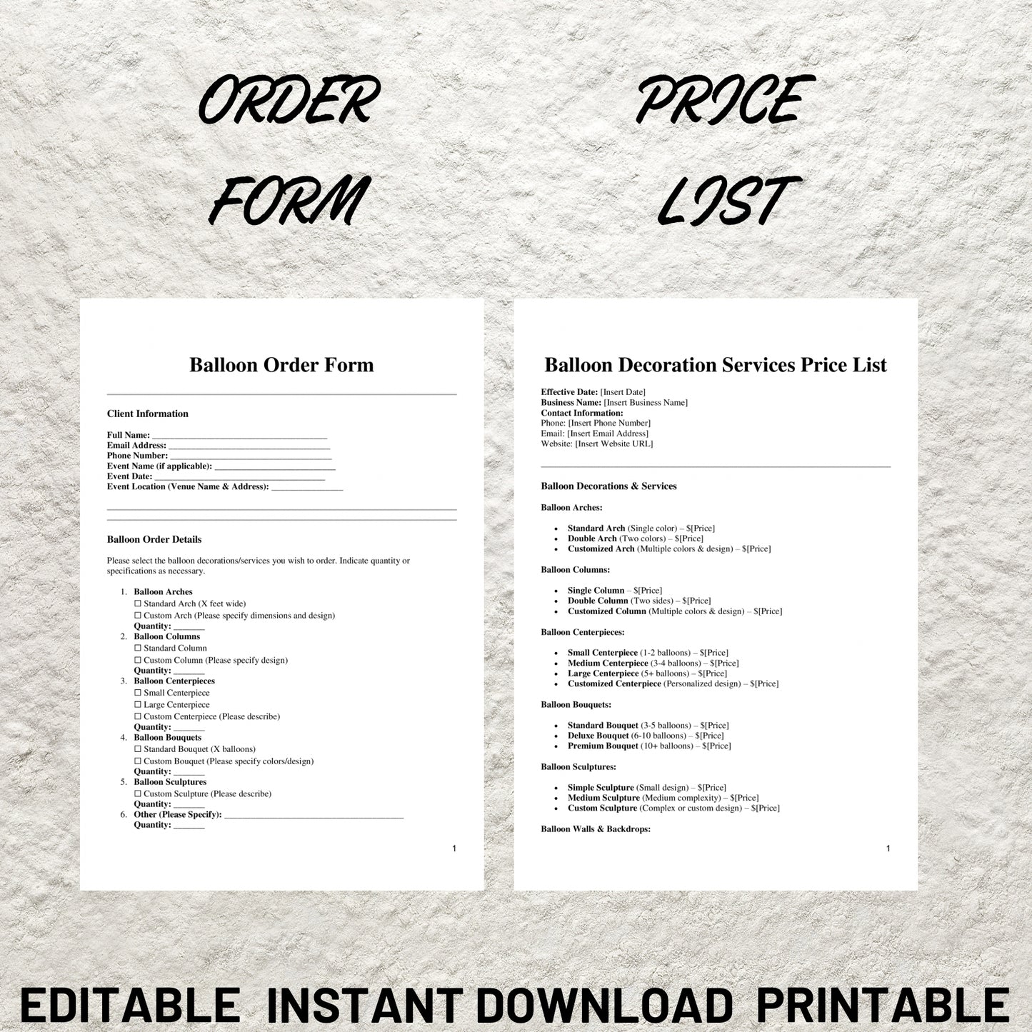 Balloon Business Forms Bundle Editable Balloon Artist Contract Printable Balloon Decor Service Agreement Balloon Artist Service Contract