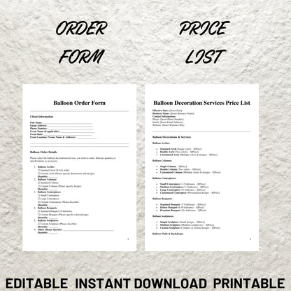 Balloon Business Forms Bundle Editable Balloon Artist Contract Printable Balloon Decor Service Agreement Balloon Artist Service Contract