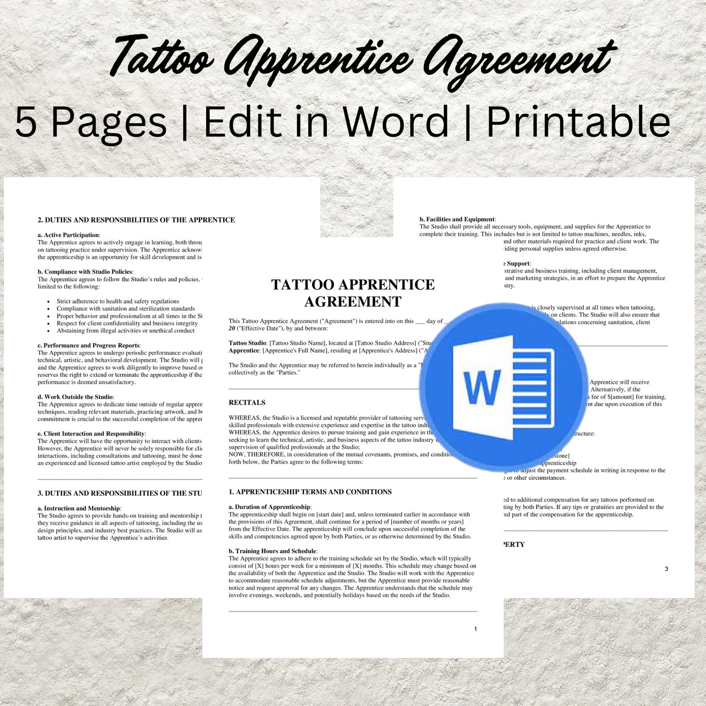 Tattoo Apprentice Contract Template Editable Tattoo Artist Apprenticeship Agreement Form Printable Tattoo Business Studio Apprentice Forms