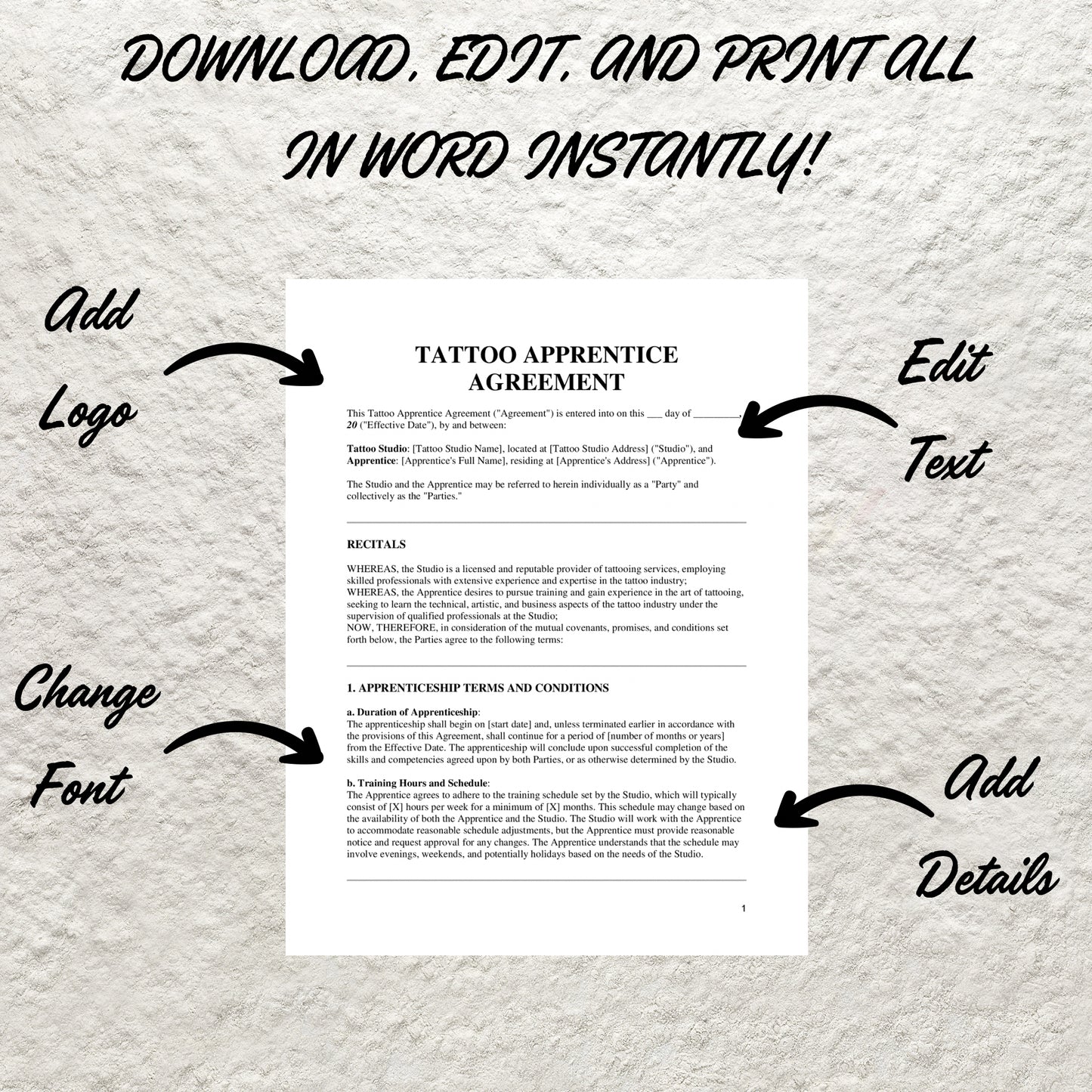 Tattoo Apprentice Contract Template Editable Tattoo Artist Apprenticeship Agreement Form Printable Tattoo Business Studio Apprentice Forms