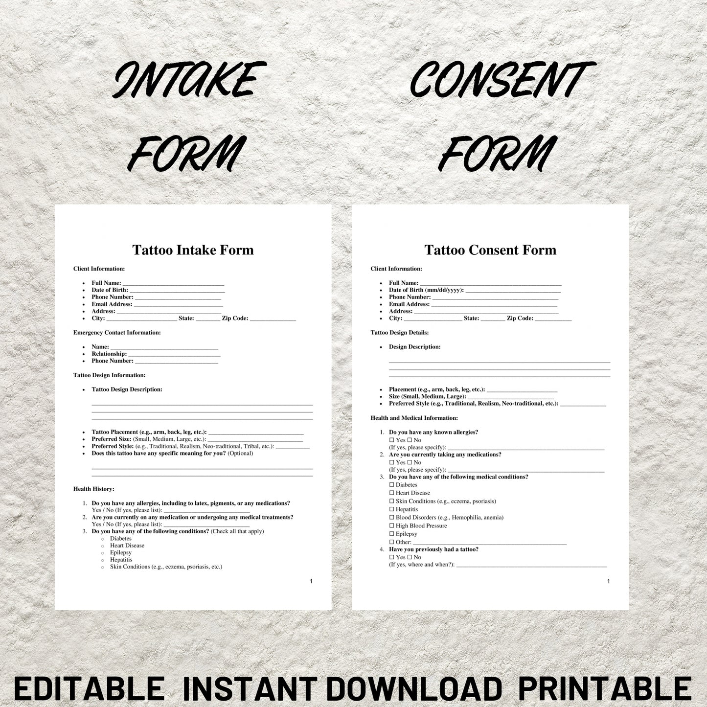 Tattoo Artist Forms Bundle Editable Tattoo Consent Form Printable Tattoo Intake Form Tattoo Artist Business Forms Tattoo Consent Document