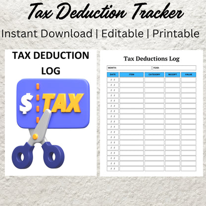 Tax Deduction Tracker Template Printable Business Tax Log Editable Online Sales Small Business Tax Log Purchase Records Budget Template