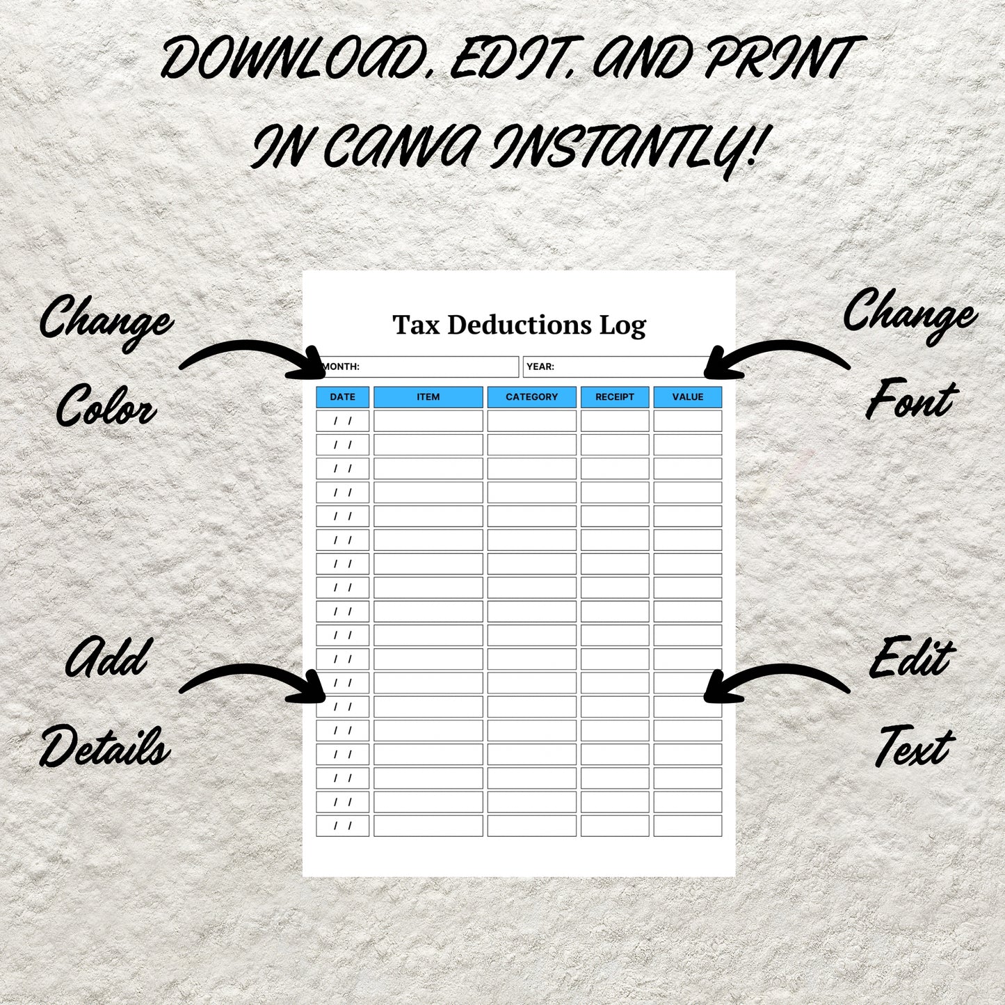 Tax Deduction Tracker Template Printable Business Tax Log Editable Online Sales Small Business Tax Log Purchase Records Budget Template