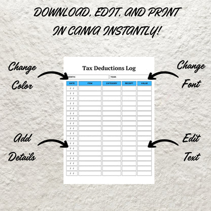 Tax Deduction Tracker Template Printable Business Tax Log Editable Online Sales Small Business Tax Log Purchase Records Budget Template