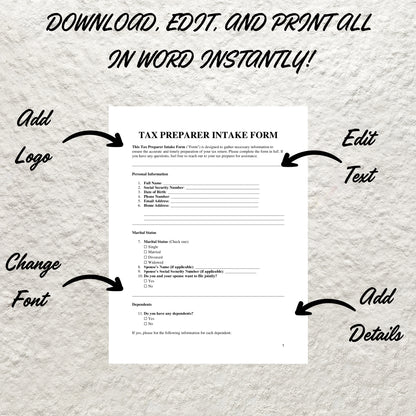 Tax Preparer Forms Bundle Editable Tax Preparer Intake Form Printable Tax Preparer Checklist Tax Office Forms Tax Preparers Forms Template