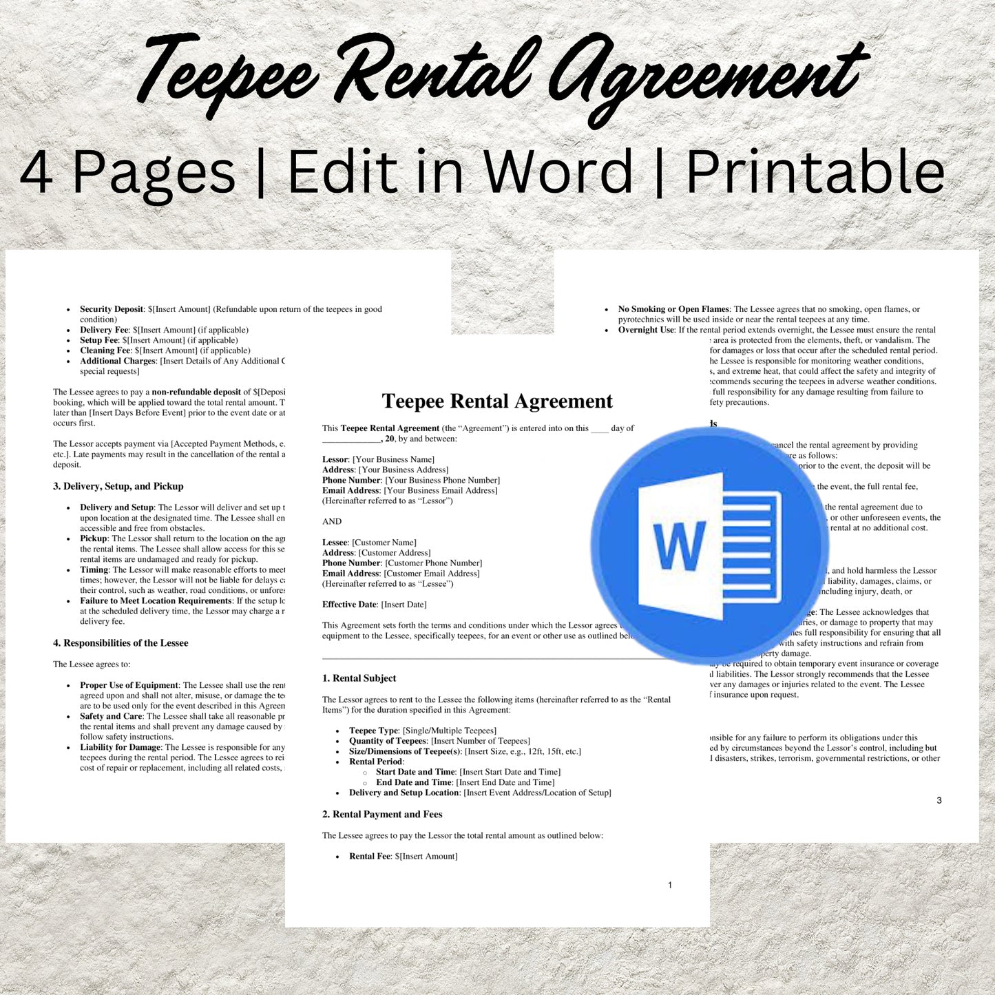 Teepee Rental Agreement Template Editable Teepee Rental Contract Printable Teepee Rental Terms Sleepover Party Rental Agreement Teepee Form