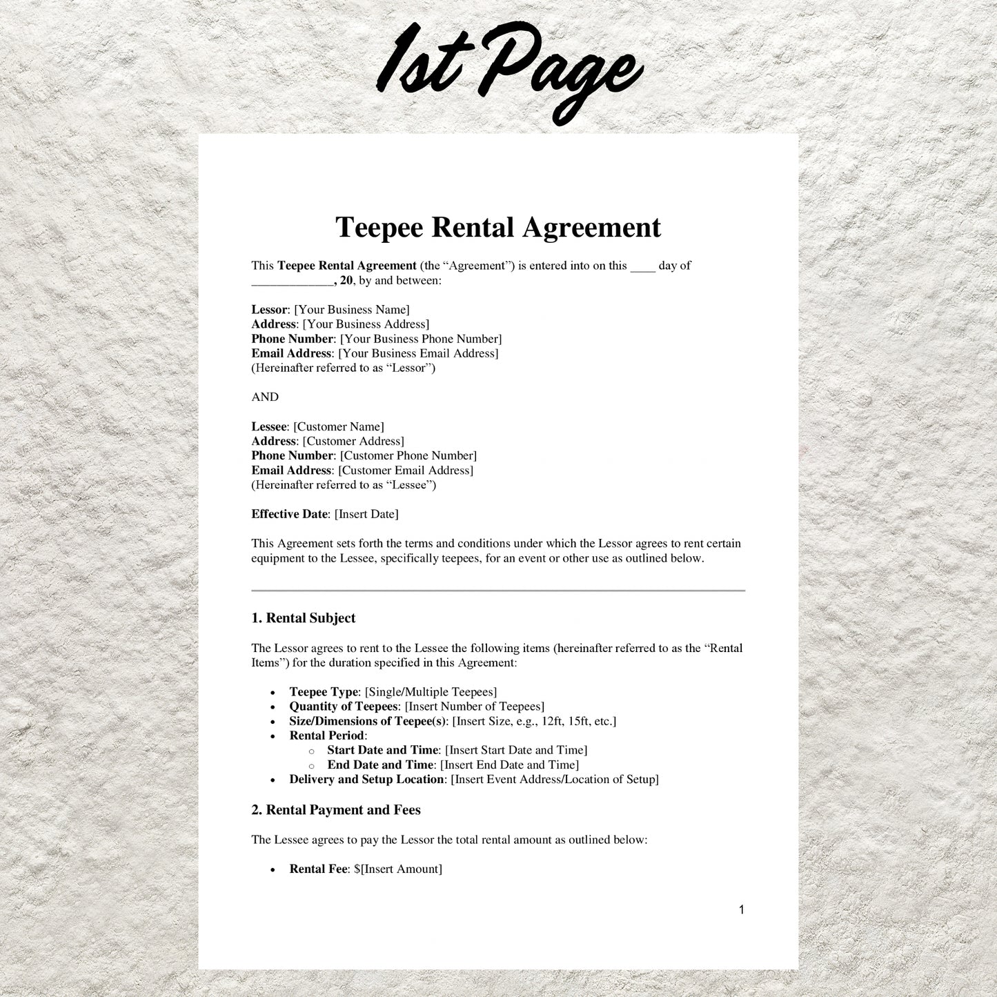 Teepee Rental Agreement Template Editable Teepee Rental Contract Printable Teepee Rental Terms Sleepover Party Rental Agreement Teepee Form