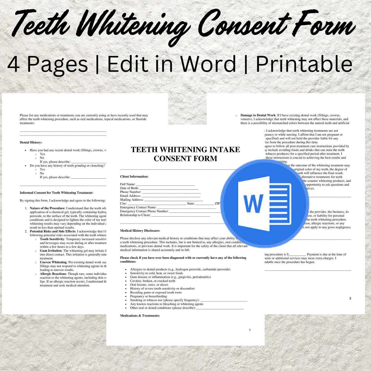 Teeth Whitening Consent Form Template Editable Teeth Whitening Client Intake Form Printable Teeth Whitening Waiver Esthetician Consent Form