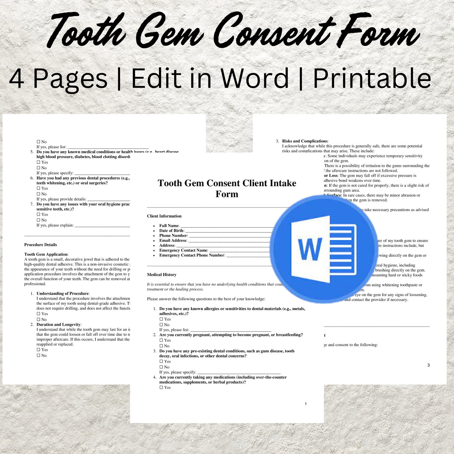 Tooth Gem Consent Form Template Editable Tooth Gem Waiver Printable Tooth Gem Consultation Form Tooth Gem After Care Tooth Gem Client Intake