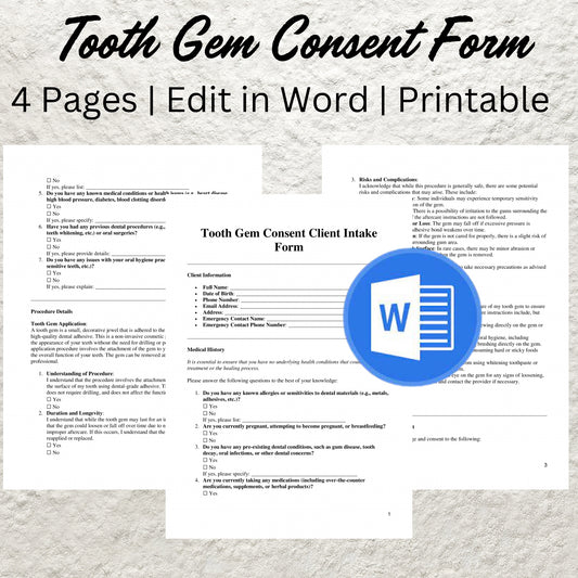 Tooth Gem Consent Form Template Editable Tooth Gem Waiver Printable Tooth Gem Consultation Form Tooth Gem After Care Tooth Gem Client Intake