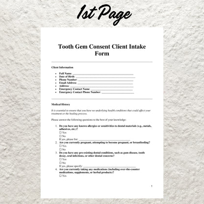 Tooth Gem Consent Form Template Editable Tooth Gem Waiver Printable Tooth Gem Consultation Form Tooth Gem After Care Tooth Gem Client Intake