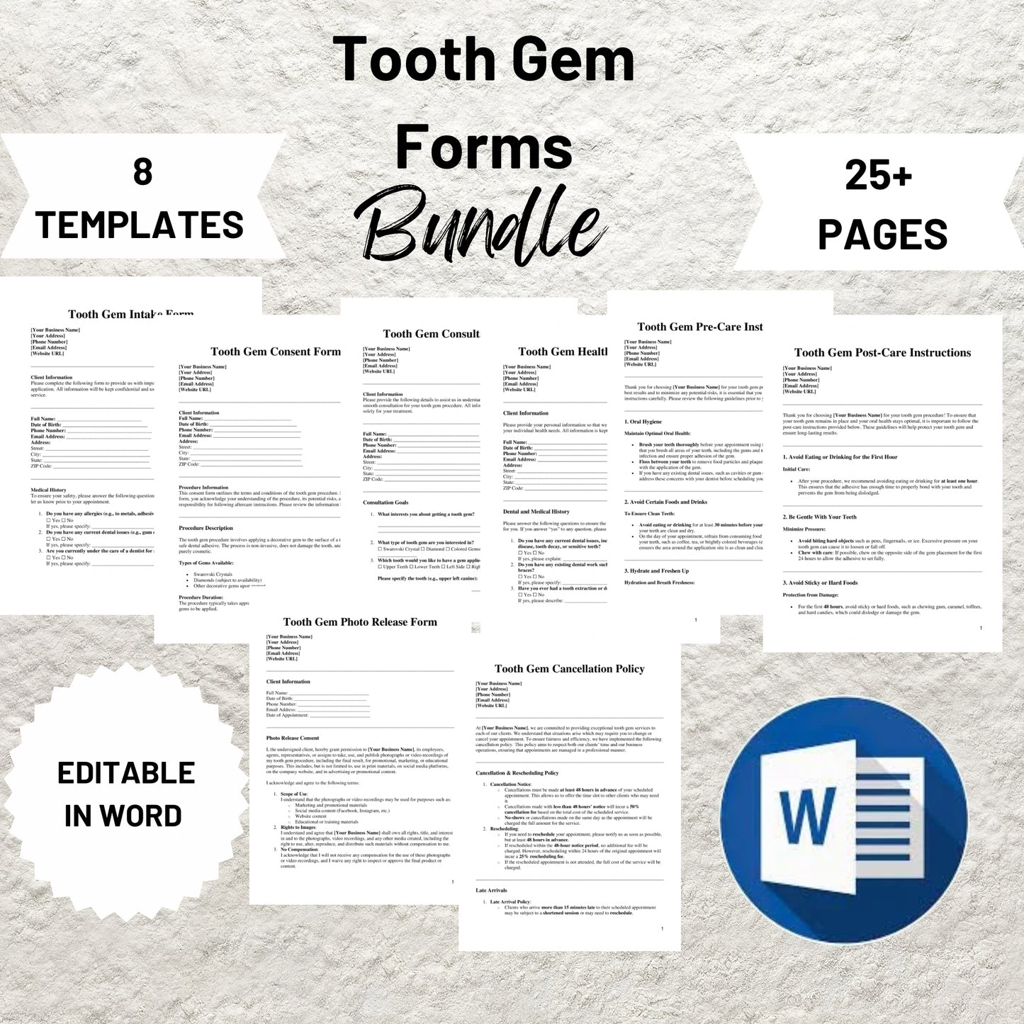 Tooth Gem Forms Bundle Editable Tooth Gem Consent Form Printable Tooth Gem Client Intake Form Tooth Gem Waiver Tooth Gem Aftercare Forms