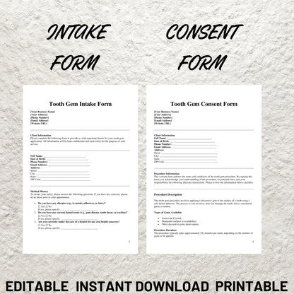 Tooth Gem Forms Bundle Editable Tooth Gem Consent Form Printable Tooth Gem Client Intake Form Tooth Gem Waiver Tooth Gem Aftercare Forms