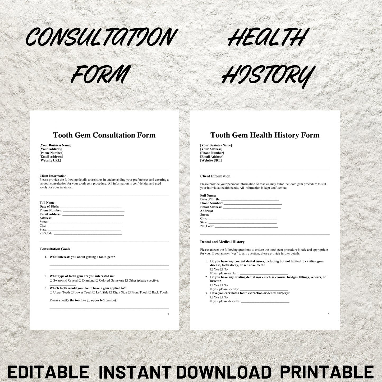 Tooth Gem Forms Bundle Editable Tooth Gem Consent Form Printable Tooth Gem Client Intake Form Tooth Gem Waiver Tooth Gem Aftercare Forms