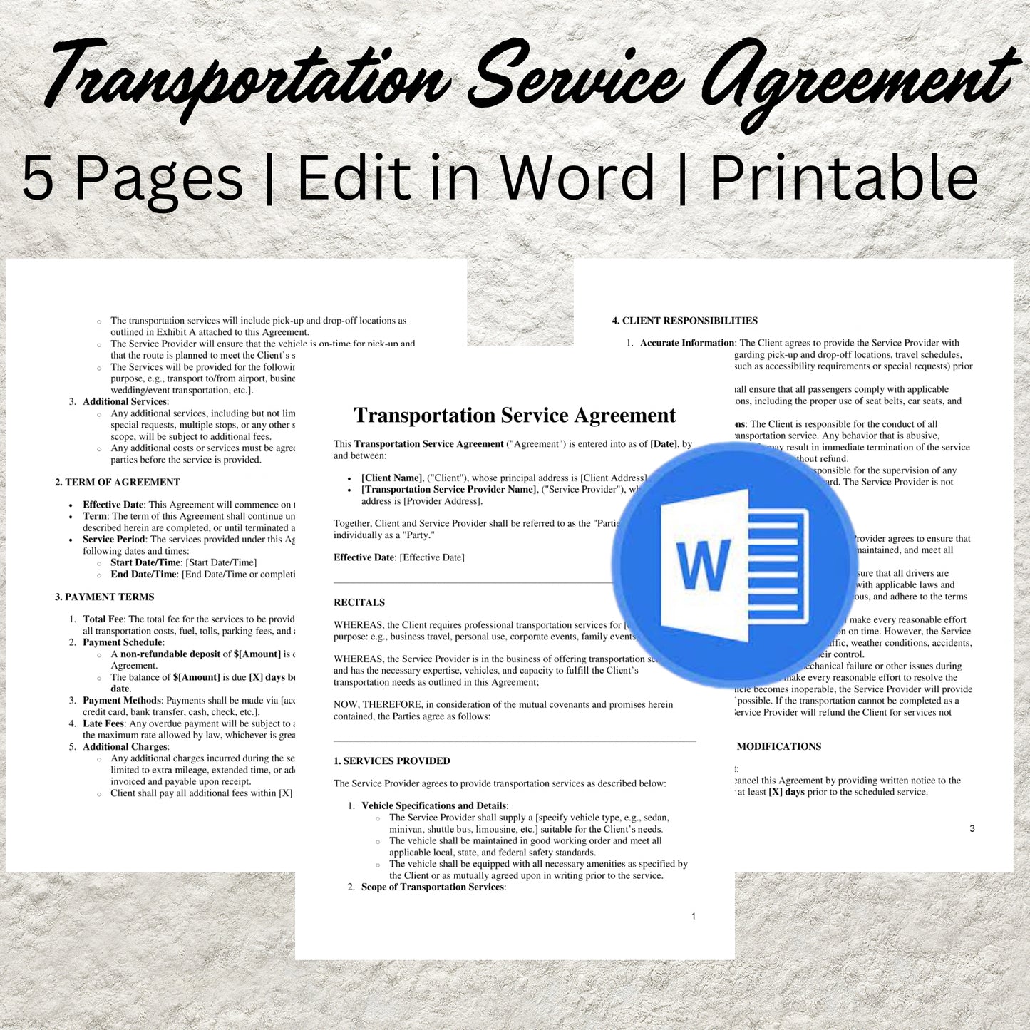 Transportation Service Agreement Template Editable Event Transportation Contract Printable Shuttle Service Contract Transporter Contract