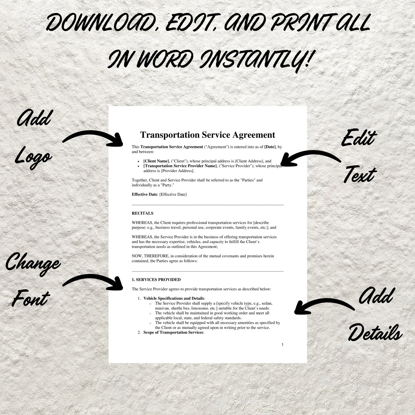 Transportation Service Agreement Template Editable Event Transportation Contract Printable Shuttle Service Contract Transporter Contract