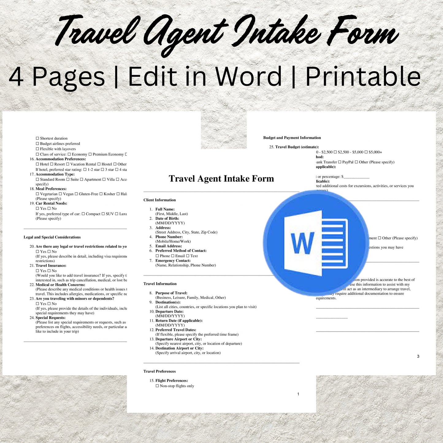 Travel Agent Client Intake Form Template Editable Client Travel Inquiry Form Printable Travel Agency Forms Travel Advisor Business Forms