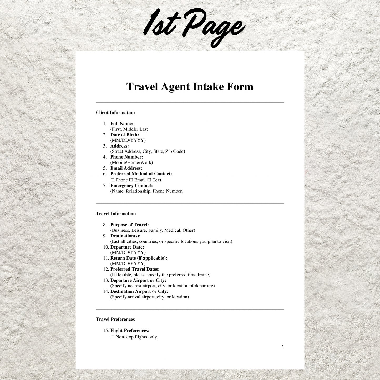 Travel Agent Client Intake Form Template Editable Client Travel Inquiry Form Printable Travel Agency Forms Travel Advisor Business Forms