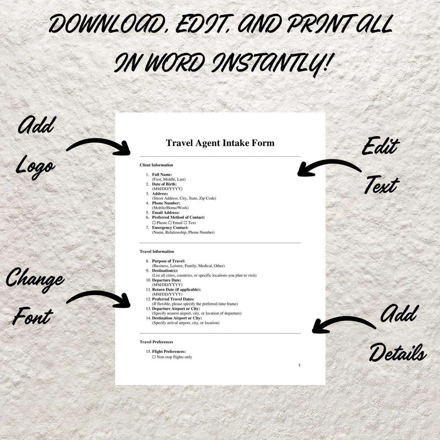 Travel Agent Client Intake Form Template Editable Client Travel Inquiry Form Printable Travel Agency Forms Travel Advisor Business Forms