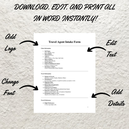 Travel Agent Client Intake Form Template Editable Client Travel Inquiry Form Printable Travel Agency Forms Travel Advisor Business Forms