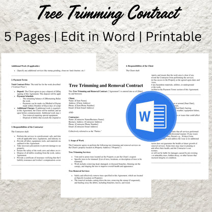 Tree Trimming Contract Template Editable Tree Removal Service Agreement Printable Tree Service Contract Tree Service Arborist Contract Form