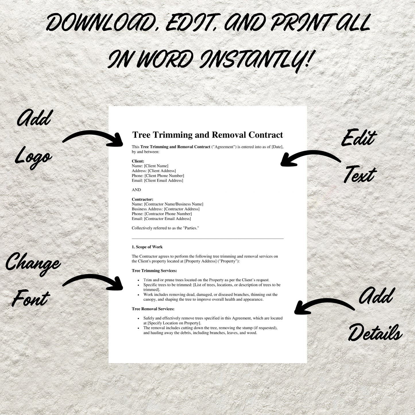 Tree Trimming Contract Template Editable Tree Removal Service Agreement Printable Tree Service Contract Tree Service Arborist Contract Form