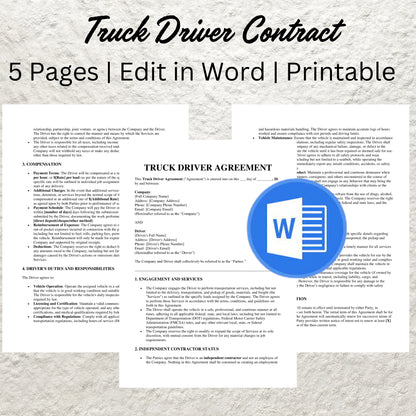 Truck Driver Contract Template Editable Truck Driver Service Agreement Printable Truck Driving Employment Contract Truck Owner Operator Form