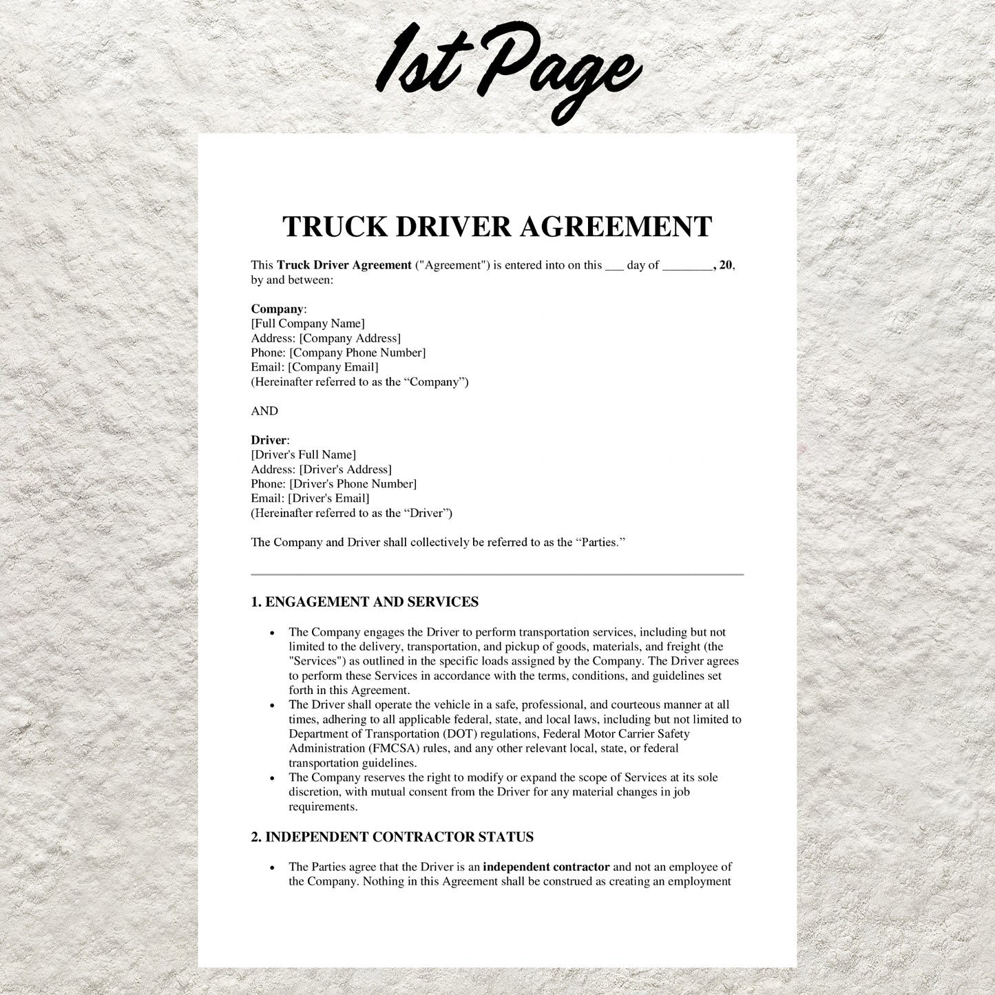 Truck Driver Contract Template Editable Truck Driver Service Agreement Printable Truck Driving Employment Contract Truck Owner Operator Form