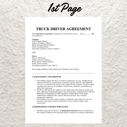 Truck Driver Contract Template Editable Truck Driver Service Agreement Printable Truck Driving Employment Contract Truck Owner Operator Form