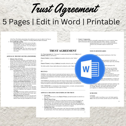 Trust Agreement Template Editable Detailed Trust Contract Printable Trust Document Living Trust Covenant Trust Agreement Form Trust Contract