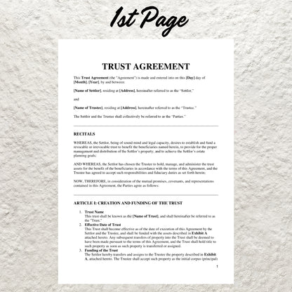 Trust Agreement Template Editable Detailed Trust Contract Printable Trust Document Living Trust Covenant Trust Agreement Form Trust Contract