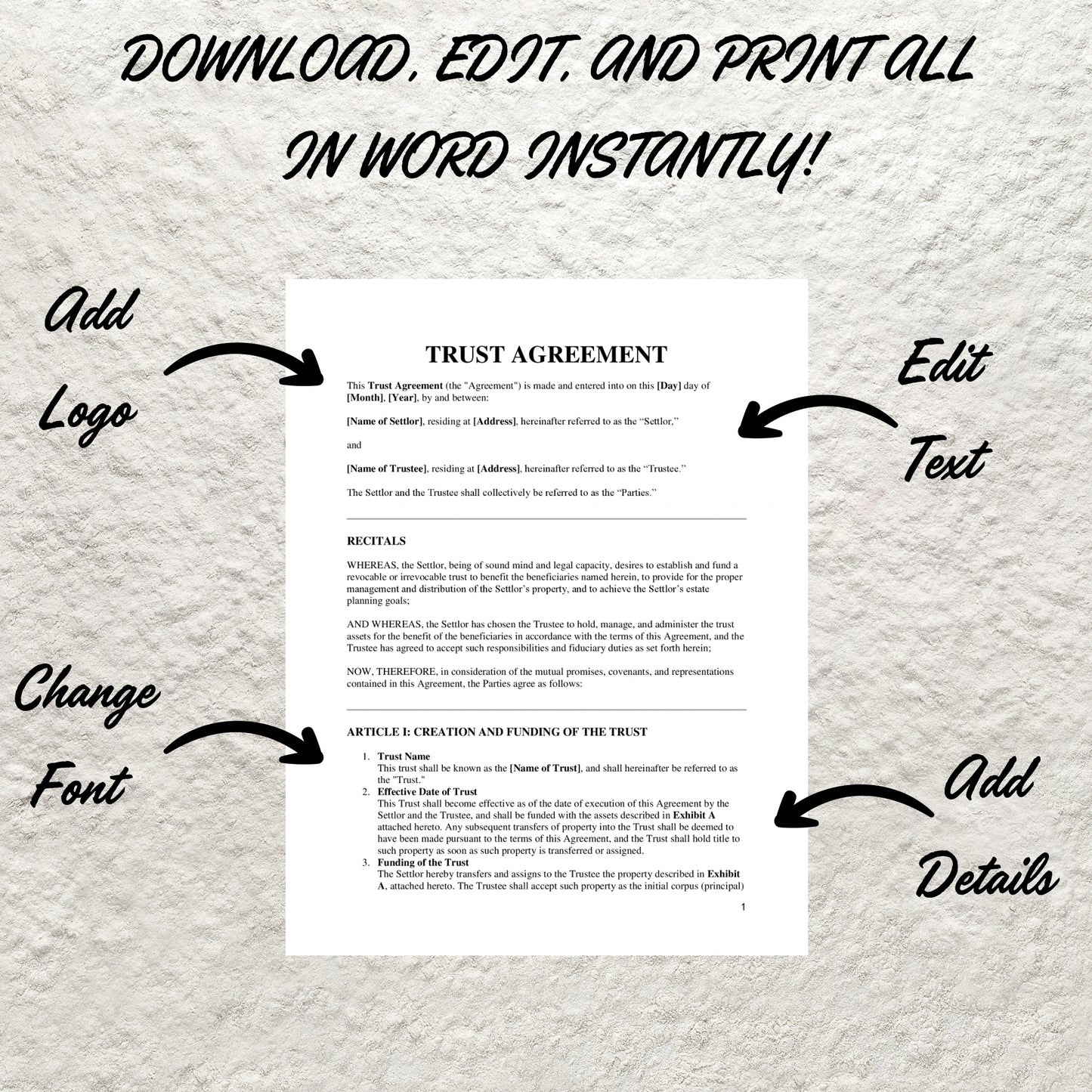 Trust Agreement Template Editable Detailed Trust Contract Printable Trust Document Living Trust Covenant Trust Agreement Form Trust Contract