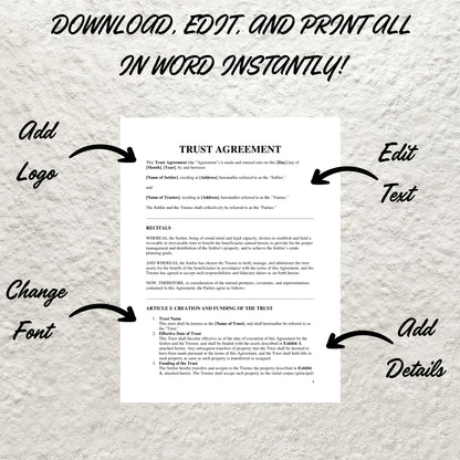 Trust Agreement Template Editable Detailed Trust Contract Printable Trust Document Living Trust Covenant Trust Agreement Form Trust Contract