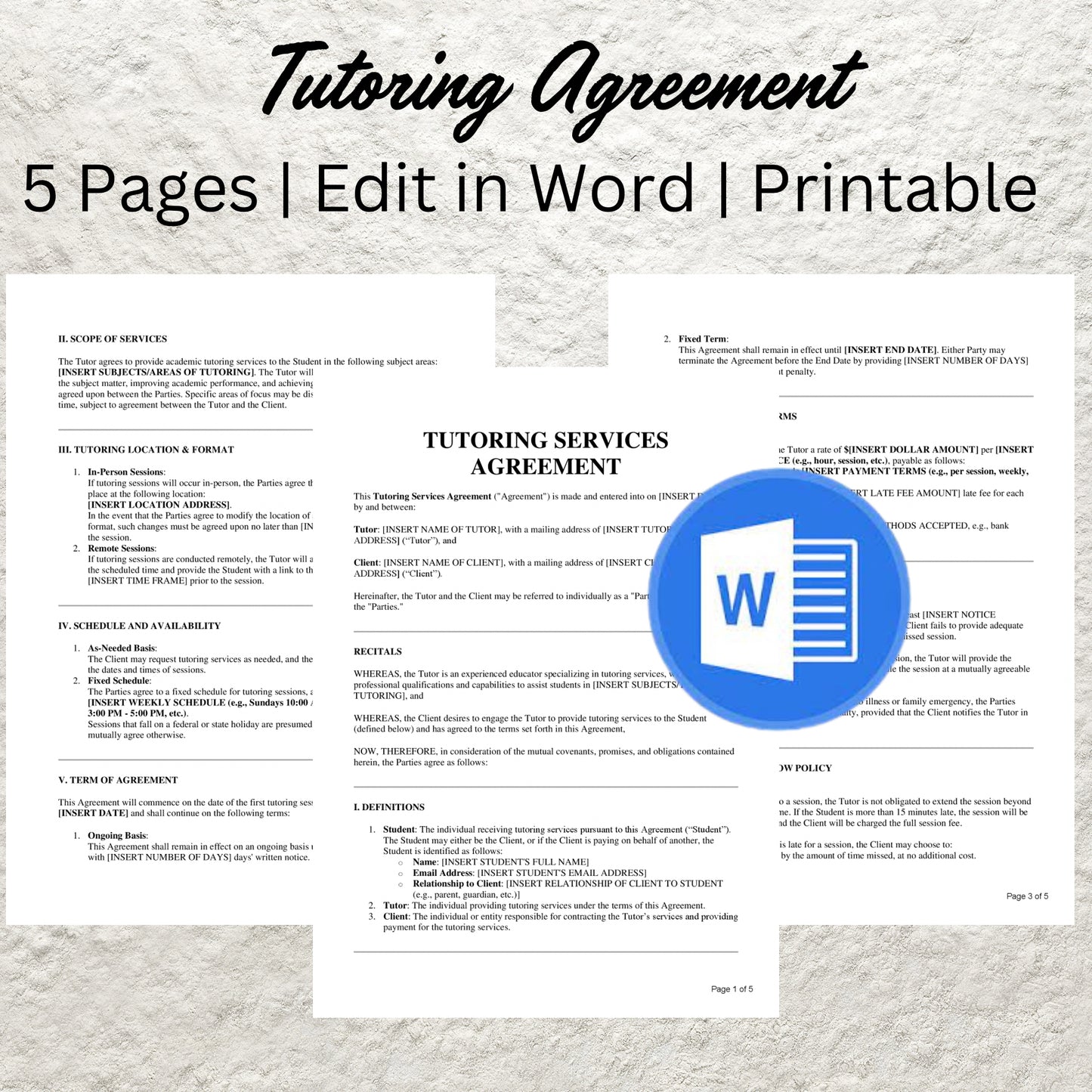 Tutoring Service Agreement Template Editable Tutoring Contract Form Printable Private Tutor Contract Agreement Tutoring Terms and Conditions