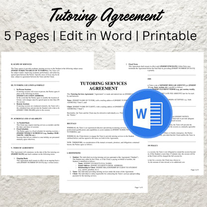 Tutoring Service Agreement Template Editable Tutoring Contract Form Printable Private Tutor Contract Agreement Tutoring Terms and Conditions