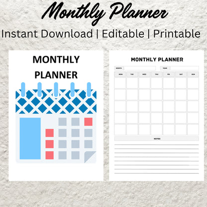 Undated Monthly Planner Printable Monthly Notes Monthly Schedule Organizer Month at a Glance Monthly Overview Monthly Calendar Inserts