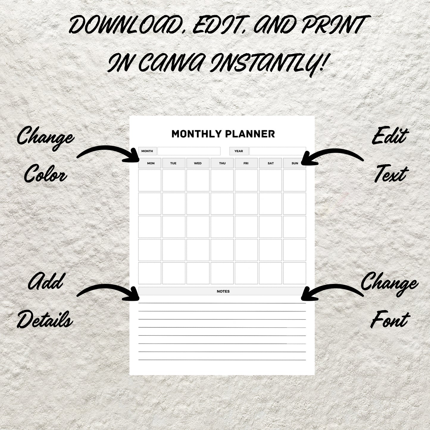 Undated Monthly Planner Printable Monthly Notes Monthly Schedule Organizer Month at a Glance Monthly Overview Monthly Calendar Inserts