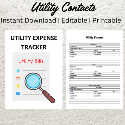 Utility Bill Tracker Template Printable Utility Contacts Utility Service Providers Information Tracker Contact List House Organizer