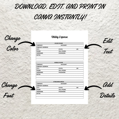 Utility Bill Tracker Template Printable Utility Contacts Utility Service Providers Information Tracker Contact List House Organizer