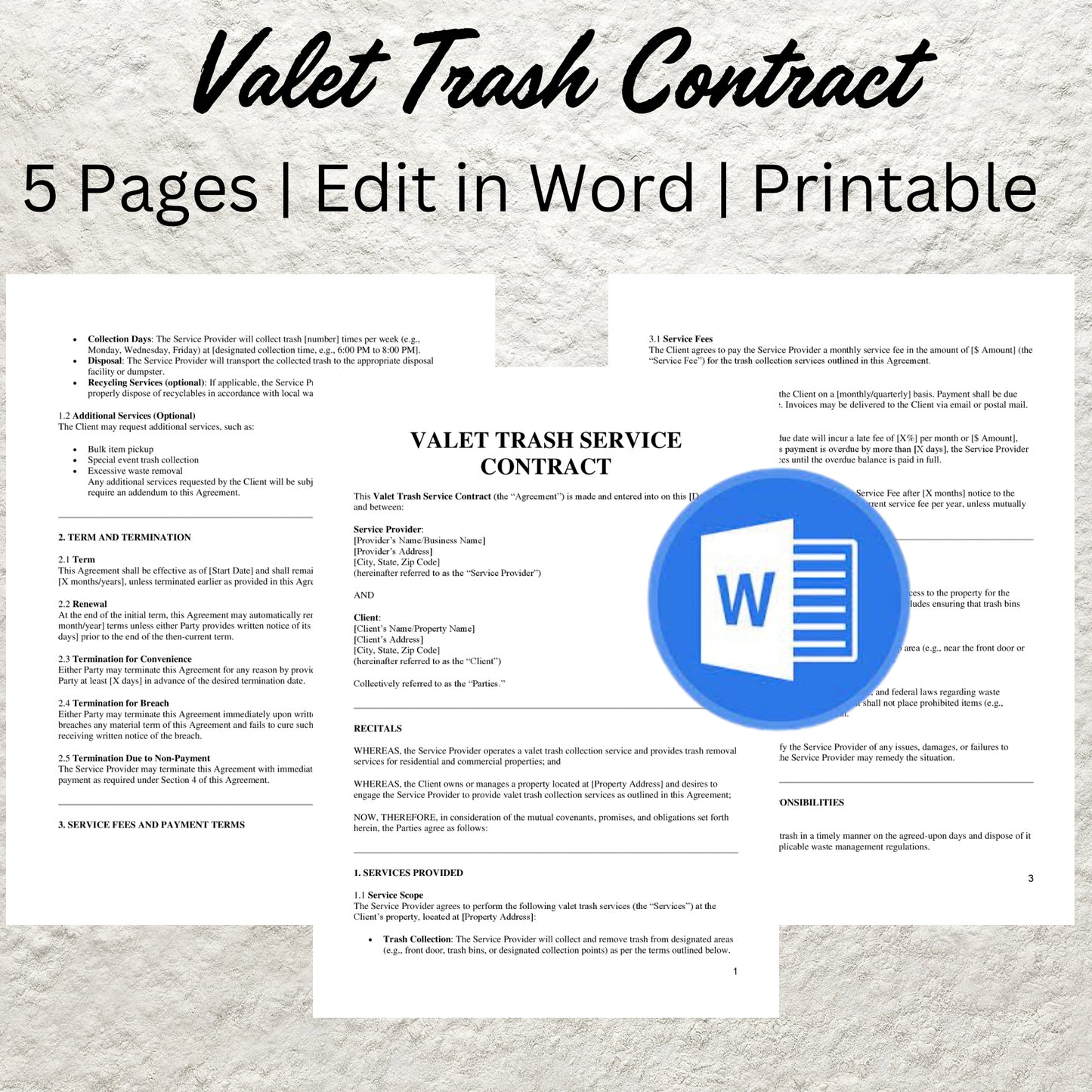 Valet Trash Service Contract Template Editable Waste Removal Service Agreement Printable Rubbish Bin Collection Service Contract Form