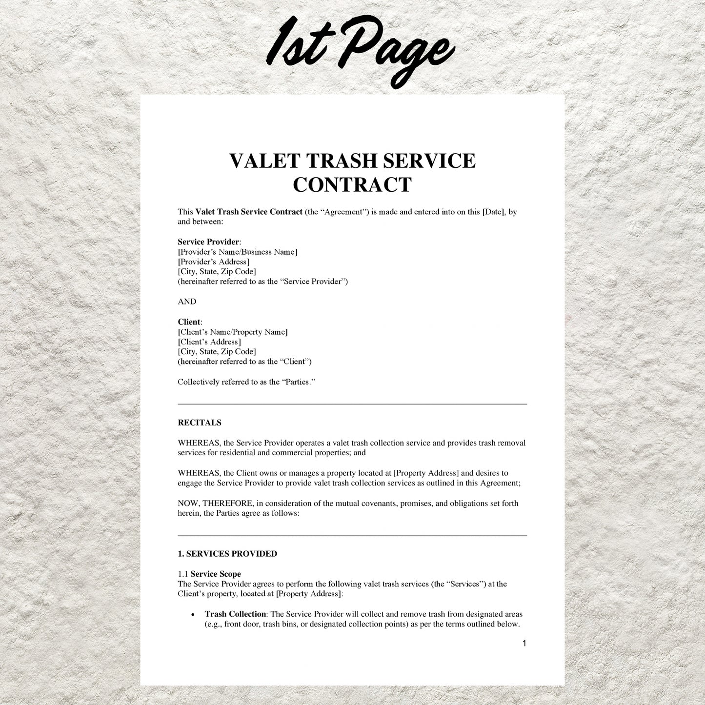 Valet Trash Service Contract Template Editable Waste Removal Service Agreement Printable Rubbish Bin Collection Service Contract Form