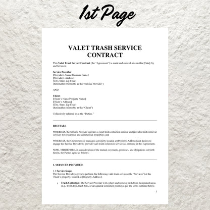 Valet Trash Service Contract Template Editable Waste Removal Service Agreement Printable Rubbish Bin Collection Service Contract Form