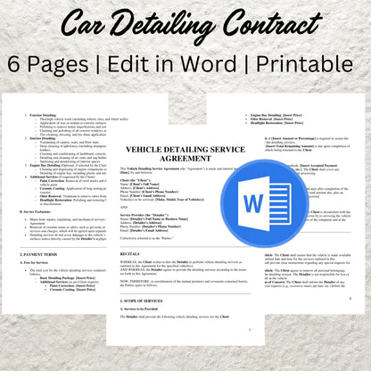 Vehicle Detailing Service Agreement Template Editable Auto Detailing Contract Agreement Printable Car Detailing Contract Car Washing Form