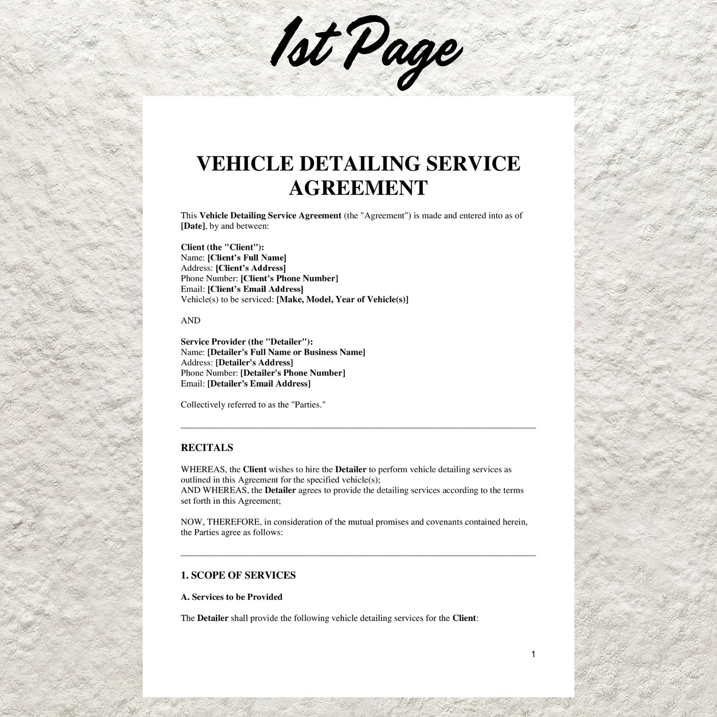 Vehicle Detailing Service Agreement Template Editable Auto Detailing Contract Agreement Printable Car Detailing Contract Car Washing Form