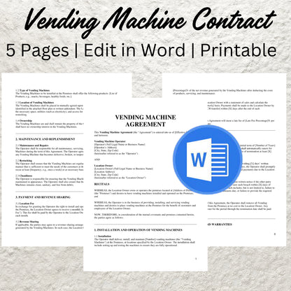 Vending Machine Contract Template Editable Vending Machine Service Agreement Printable Vending Machine Rental Form Vending Machine Lease