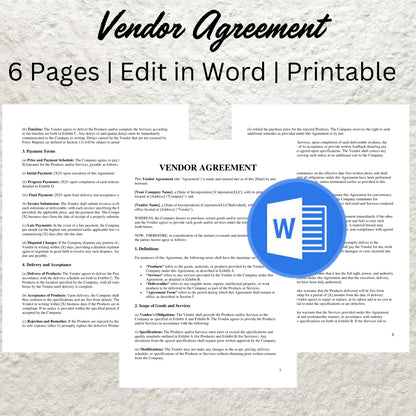 Vendor Agreement Template Editable Vendor Agreement Printable Small Business Contract Business Services Agreement Exclusive Supply Contract