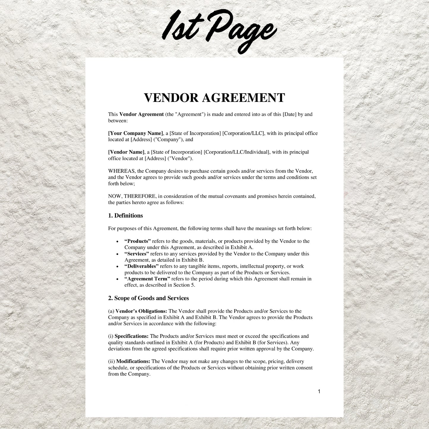 Vendor Agreement Template Editable Vendor Agreement Printable Small Business Contract Business Services Agreement Exclusive Supply Contract